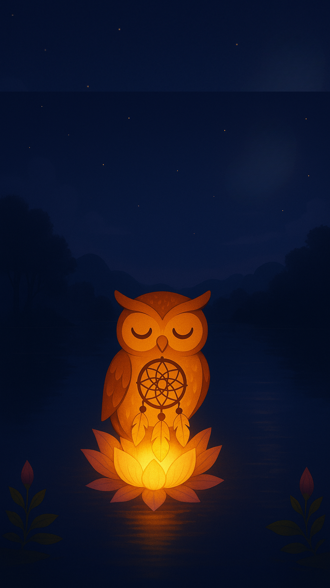 Night scene with an owl and crescent moon