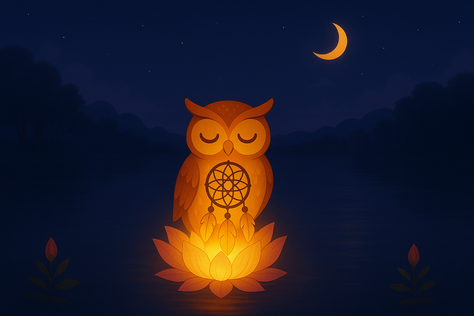 Night scene with an owl and crescent moon